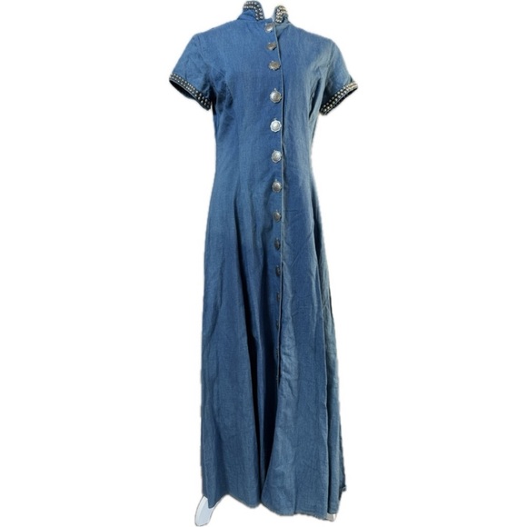 DOUBLE D RANCH Vintage Chambray Denim MaxiDress Duster Silver Concho Studs Sz S - Picture 8 of 13